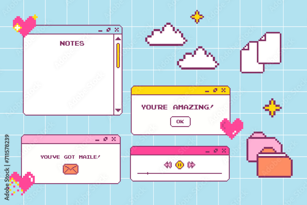 Poster y2k interface retro browser computer window set pastel retrowave pc desktop with message boxes