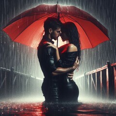 couple embracing under red umbrella in rain at nigh