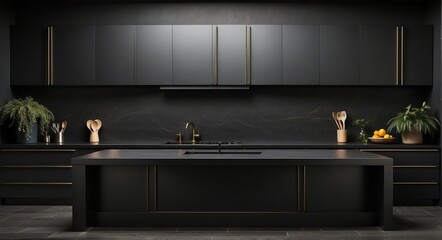 black minimalist kitchen with utensils