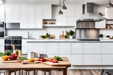 banner of a kitchen with kitchen table and breakfast at the kitchen counter top white cupboards and wooden floor with vegetables and fruits