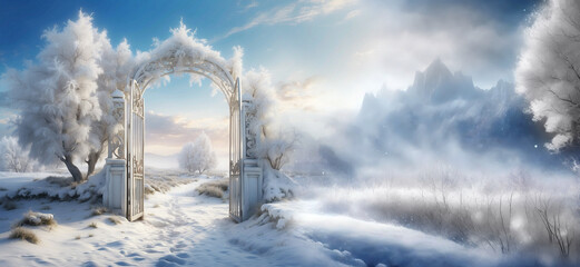 fantasy illustration of winter landscape with gate and trees covered by snow and frozen road like fairy-tale fantastic and romantic winter season background 