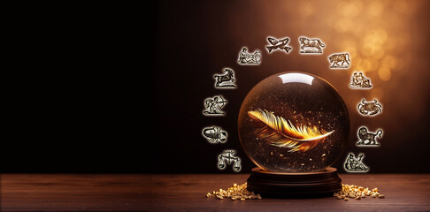 zodiac signs around crystal ball with gold feather over brown background with copy space like angelic astrology concept  - obrazy, fototapety, plakaty