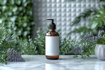 Fototapeta premium A bottle of liquid sitting on top of a table, beauty or wellness product mockup, copy-space.