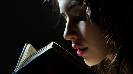 Woman reading a book on a black background.