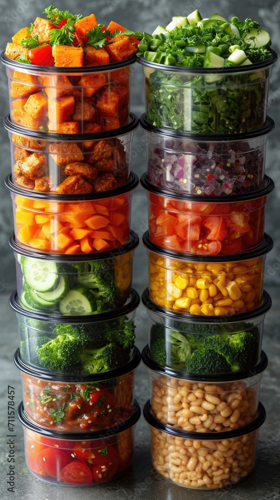Poster a stack of plastic containers filled with different types of food
