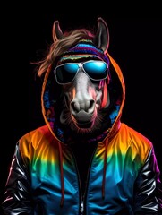 DJ horse wearing sunglasses and hoodie, with colorful neon lights. generative ai