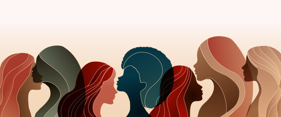 Group silhouette of multicultural women. International women's day. Diversity - inclusion - equality or empowerment concept. Anti racism or stop discrimination. Copy space banner