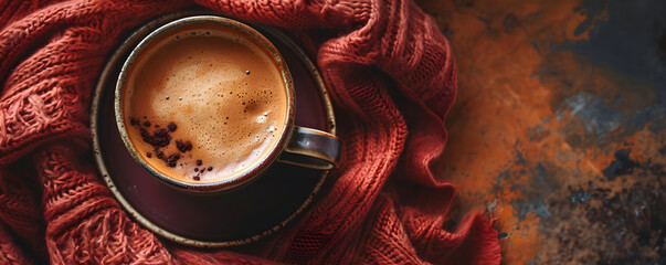 Close up photo cup of cappuccino coffee with foam on knitted burgundy fabric. Hot warming fresh drink in a cozy atmosphere. Top view banner with empty space. Concept for cafe, bar, barista, morning. - obrazy, fototapety, plakaty
