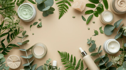 Natural products concept. High view photo of empty place surrounded by cosmetic containers, eucalyptus and fern foliage on isolated beige background