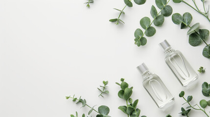 Detailed top view photo of glass bottles with natural cosmetics jar with cream and vase with eucalyptus on white marble background - obrazy, fototapety, plakaty