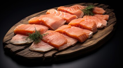 Sushi grade fish slice served on a wooden tray, expensive restaurant dinner asian menu.