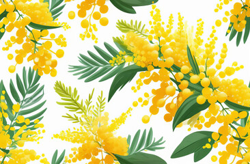 Yellow mimosas on a white background, banner. Spring nature background. spring Mimosa flowers on abstract light backdrop. spring season concept. fluffy yellow mimosa, symbol of 8 March, women's day. 