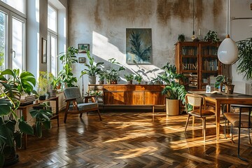 Stylish scandinavian open space with design furniture, plants, bamboo bookstand and wooden desk. Brown wooden parquet. Abstract painting. Modern decor of bright room next to dining room