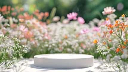 Fotobehang Podium flower product white 3d spring table beauty stand display nature white. Garden floral background cosmetic field scene gift day © standret
