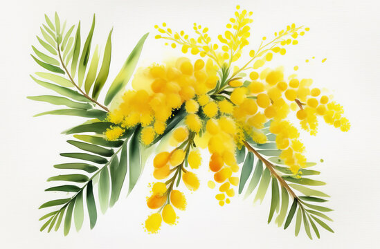 Yellow mimosas on a white background, banner. Spring nature background. spring Mimosa flowers on abstract light backdrop. spring season concept. fluffy yellow mimosa, symbol of 8 March, women's day. 