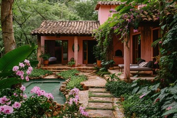 Fototapeta na wymiar A tropical pink house with pool surrounded by green trees 