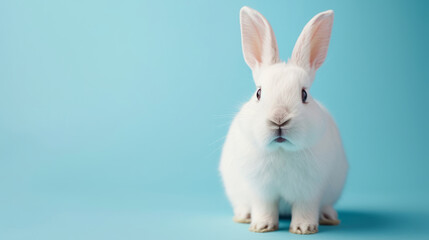 Portrait of a white cute rabbit with surprised expression on a blue background