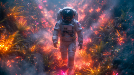 An astronaut walking in a other planet jungle. (AI created) - obrazy, fototapety, plakaty