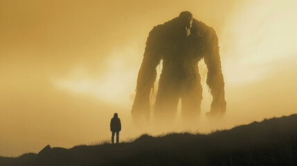 Silhouette of a man against the backdrop of a giant - obrazy, fototapety, plakaty