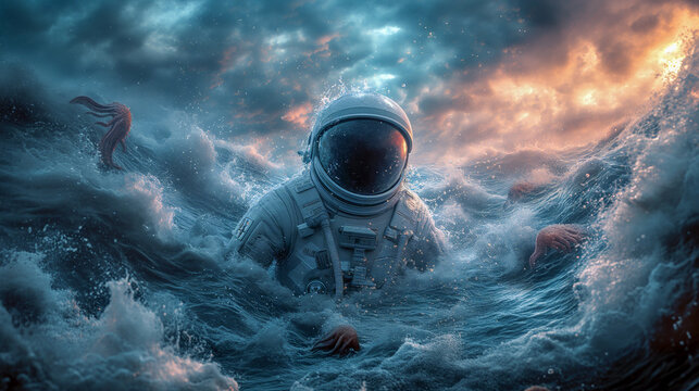 An astronaut in the water with alien creatures around. (AI created)