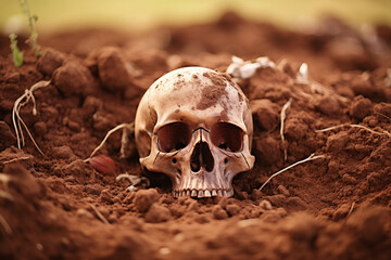 Skull in the dirt uncovered archeology and anthropology body decomposition generative ai - obrazy, fototapety, plakaty