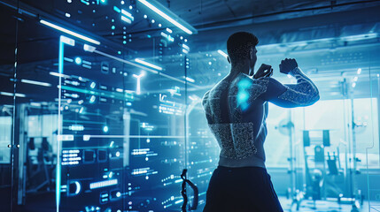 Strength training people in sport. Modern technology in sport science concept