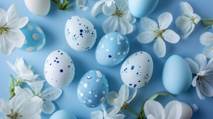 The composition in the center is small, neat and minimalist on the background of Easter eggs in a pattern and decor in blue and white colors