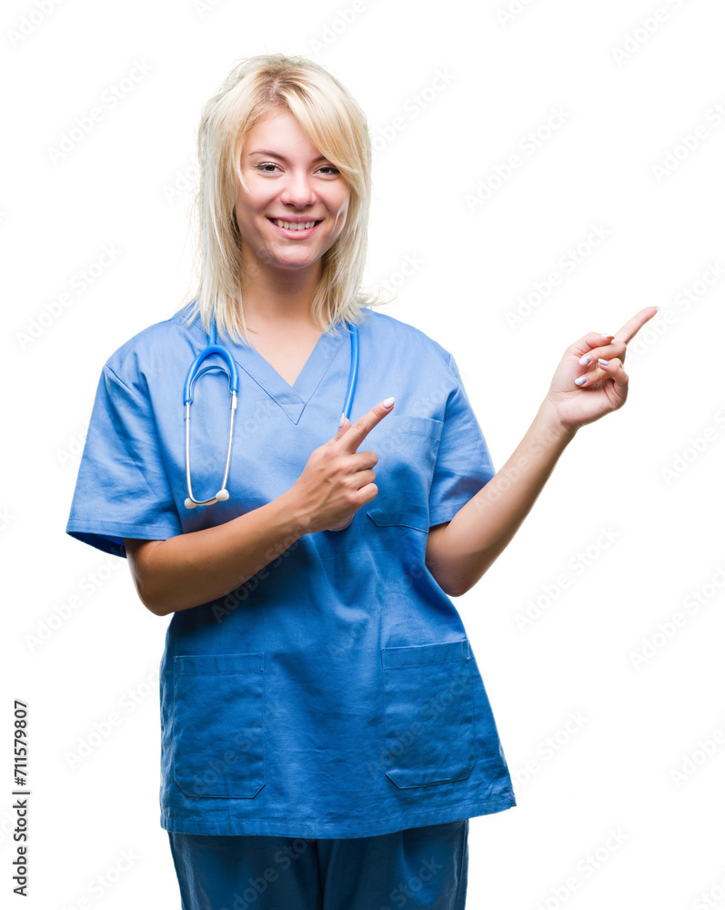 Poster young beautiful blonde doctor woman wearing medical uniform over isolated background smiling and loo