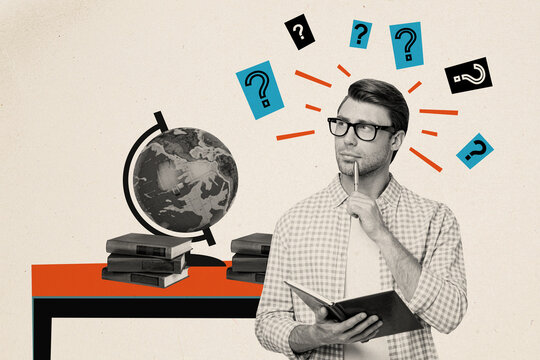 Creative poster collage of clever man look unsure question sign read book minded student weird freak bizarre unusual fantasy billboard
