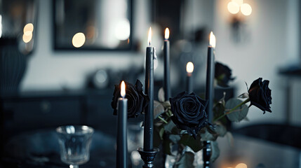Funeral black flowers and candles near the memorial in the church