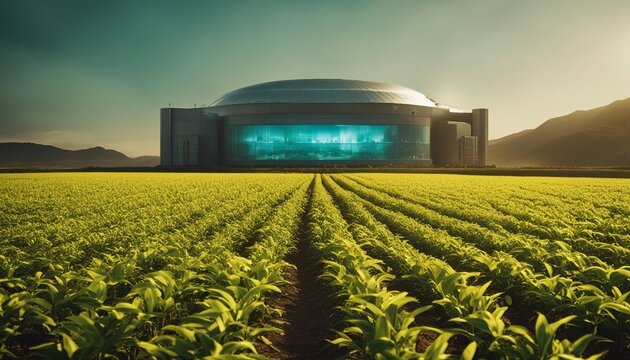 Futuristic Biotech Facility Amidst Lush Crop Fields at Sunrise