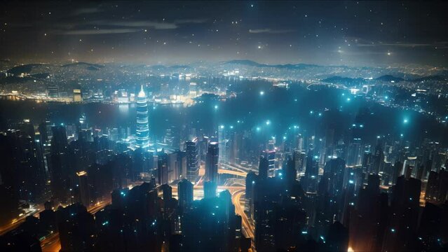 From this vantage point in the sky, the sprawling city below is transformed into a breathtaking sea of ling lights, reminiscent of a mesmerizing cityscape canvas.