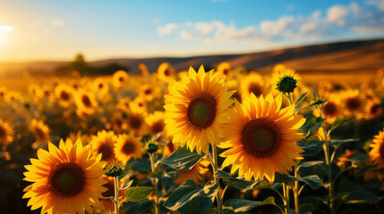 Fototapeta premium A field of luxurious blooming sunflowers in a rural landscape with a beautiful sky. Generative AI