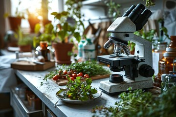 Microscope for checking the quality of green leaves and food on the kitchen table surrounded by a variety of fresh vegetables. Concept: study and organoleptics of products