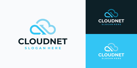 Technology connection cloud vector logo design with upload and download arrows. - obrazy, fototapety, plakaty