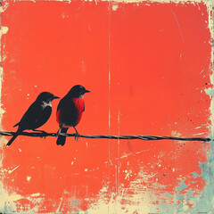 silhouette of two birs perched on a telephone wire, with red bacground