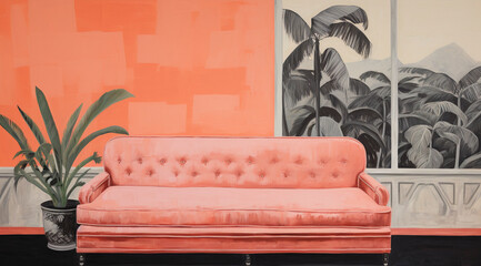 Peach pink Sofa with Tropical Wallpaper
