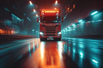 Tuinposter truck highway tracking tracing logistics digital overlay depth of field glow white motion  © Hugo