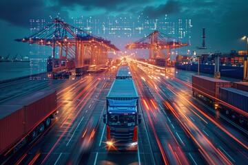conceptual image of the supply chain and the role of artificial intelligence digital future of the supply chain container terminal ships trucks