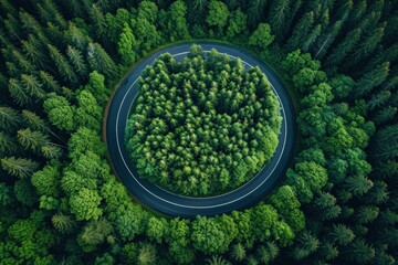 a circular shaped road inside a forest drone view top view, conceptual circularity forest 