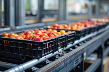  logistics and supply chain. folding trays with tomatoes assembly line.  - obrazy, fototapety, plakaty