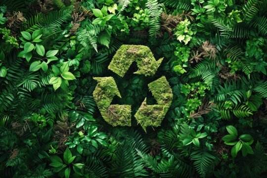 conceptual image of recycling, green fern and plants on green ground with a circularity symbol made out of green plants