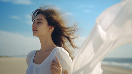 Fototapeta na wymiar Caucasian woman in white dress walks along the beach.