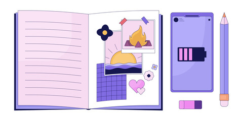Teen girl notebook smartphone black and white 2D line cartoon objects set. Planner with pen, mobile phone isolated vector outline items collection. Diary girlish monochromatic flat spot illustrations