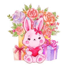 Rabbit doll with rose and gift box . Watercolor painting design . Valentine day concept . PNG .
