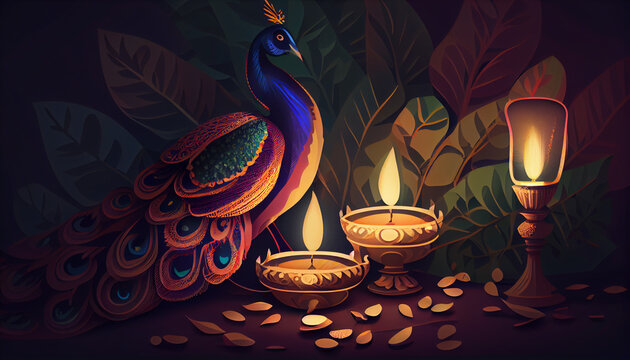 Diwali Festival Background with Oil Lamps and Auspicious Peacock close up illustration of background, Ai generated image