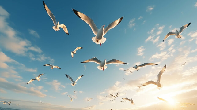 Seagulls are flying in the sky.