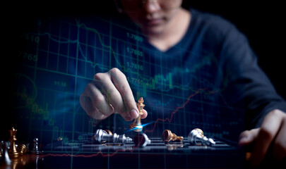 Double exposure chess game on strategy competitive market ,chess board behind business present financial investment and marketing strategy analysis is target in global economy concept.