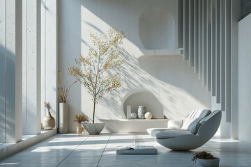 Modern white living room interior 3d rendering image.A blank wall with pure white. Decorate wall with extrude horizon line pattern and hidden warm light - obrazy, fototapety, plakaty