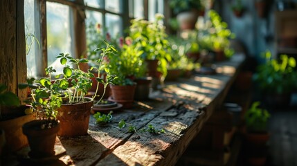 Pots with vegetables or flowers on a wooden table in a greenhouse. Sunlight falls on the plants through the glass. Concept: growing crops in a closed space, farming.